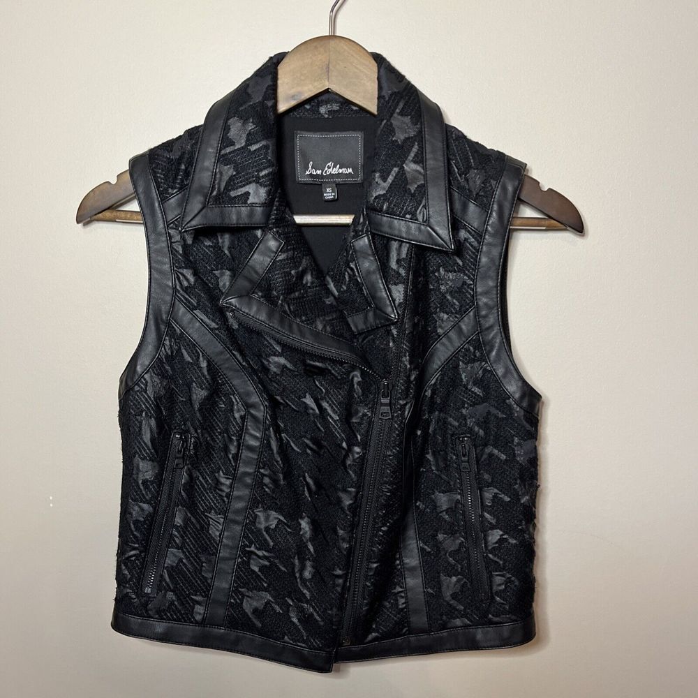 Sam Edelman Vegan Leather Black Houndstooth Moto Vest XSβ Asymmetric Zip